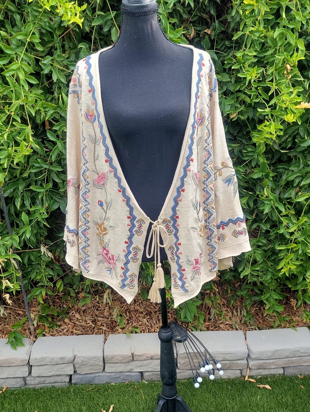 Karyn Seo Embroidered Boho Tie-Front Oatmeal Indy Kimono Jacket Cardigan L